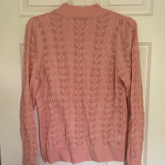 LOFT Pink Lace-Knit V-Inset Pullover Sweater - Picture 4 of 5